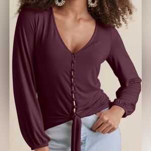 Venus Burgundy V-Neck Buttoned Women's Top with tie bottom